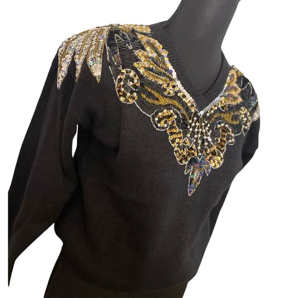 NWT Vintage Regency Collection Black Sequin Beaded Sweater (SM) 80s Glam Holiday - Picture 1 of 9